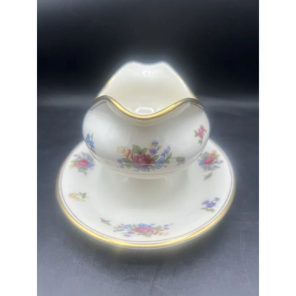 Vintage Lamberton Rose of Lamberton Gravy Boat Underplate Gold Trim Floral China